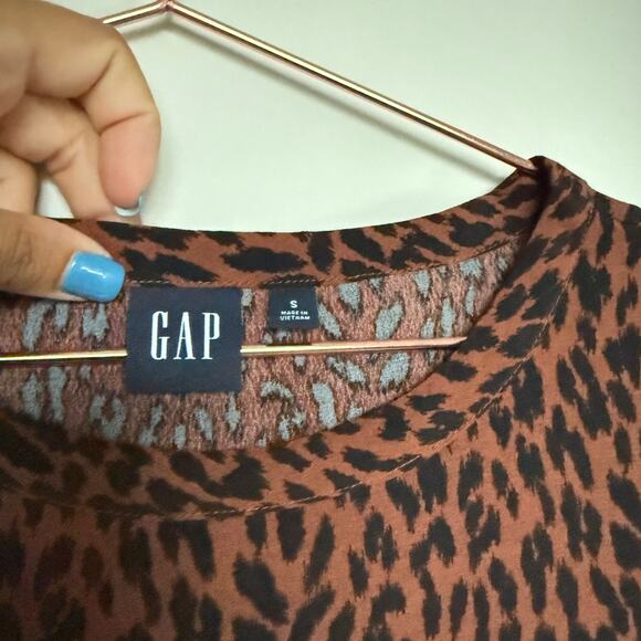 GAP Womens Flounce Hem Dress Small Brown Animal Print Long Sleeve Old Money - Picture 4 of 8